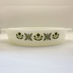 Vintage Anchor Hocking Milk Glass 9" Round Baking Dish Meadow Green Pattern